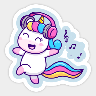 Cute Unicorn Listening Music Cartoon Sticker